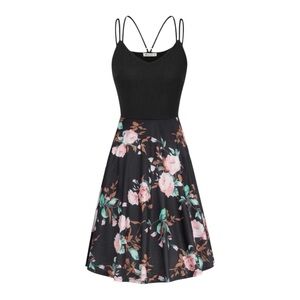 Black Floral Fit & Flare Dress Adjustable Criss Cross Back Spaghetti Straps
